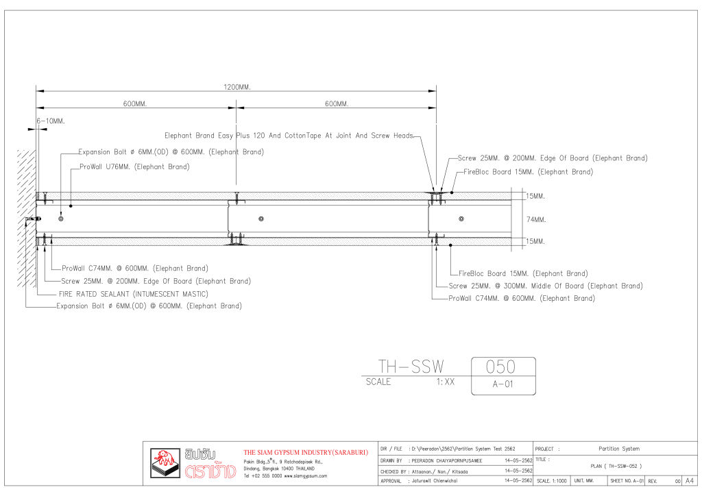 ระบบผนังกันไฟ 1 ชั่วโมงโครงคร่าวโปรวอลล์ ร่วมกับแผ่นยิปซัมทนไฟ ไฟร์บล็อคหนา 15 มม. ตราช้าง