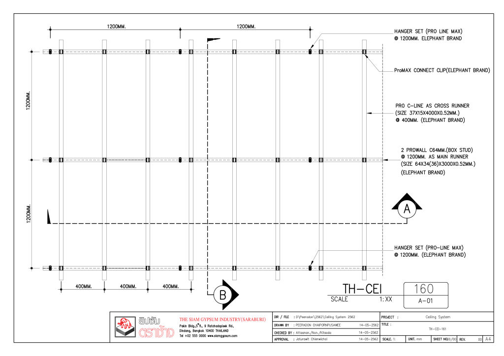 ระบบฝ้าเพดานฉาบเรียบ โครงคร่าวโปรลายน์-แมกซ์ร่วมกับแผ่นยิปซัมมาตรฐาน 9 มม. ตราช้างพลัส