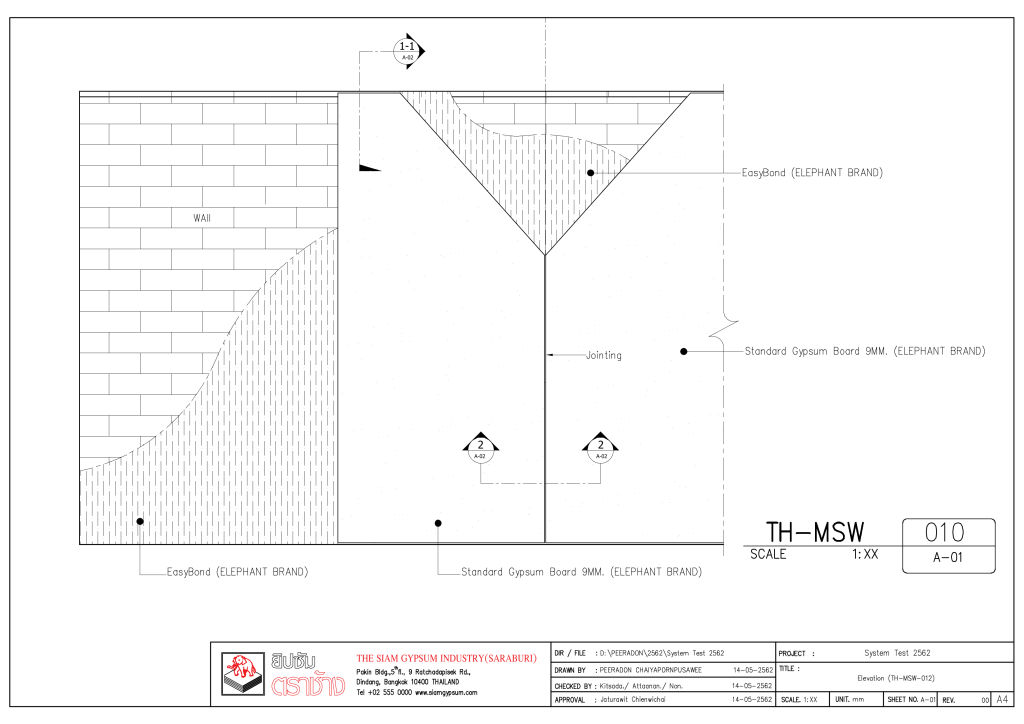 ระบบผนังอีซี่ฟินิช โซลิด แบบเกรียงหวีร่วมกับแผ่นยิปซัมมาตรฐาน 9 มม. ตราช้างพลัส